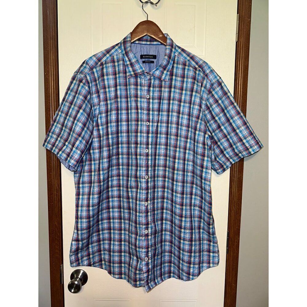 BUGATCHI Shaped Fit Button Up Short Sleeve Plaid Shirt  Size Large‎